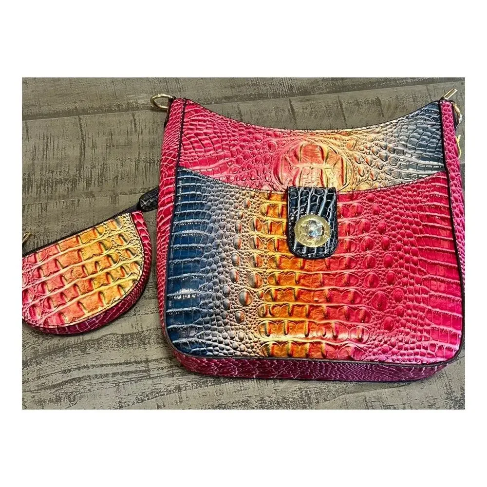 Gradient Rainbow Faux Crocodile Crossbody Bag & Coin Purse Set Ombre Vegan EUC